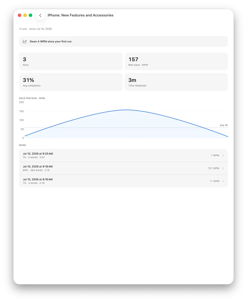 Per-script Rehearsal History in Avocado showing every run at one script, a best pace, average completion, total time rehearsed, and a pace-per-run curve