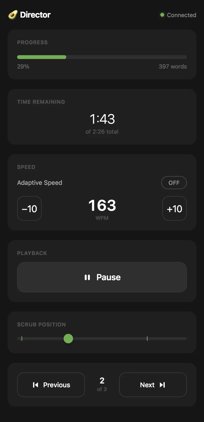 Director Mode interface on a phone — showing progress, time remaining, speed controls, playback, scrub position, and cue navigation