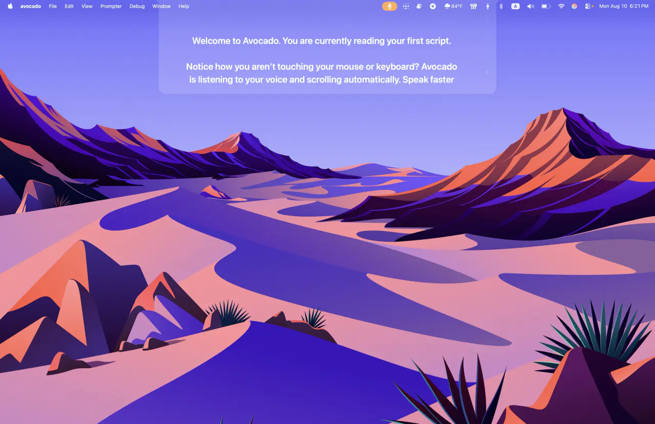 Avocado's teleprompter panel hanging from the MacBook notch, translucent so the desktop wallpaper shows through it