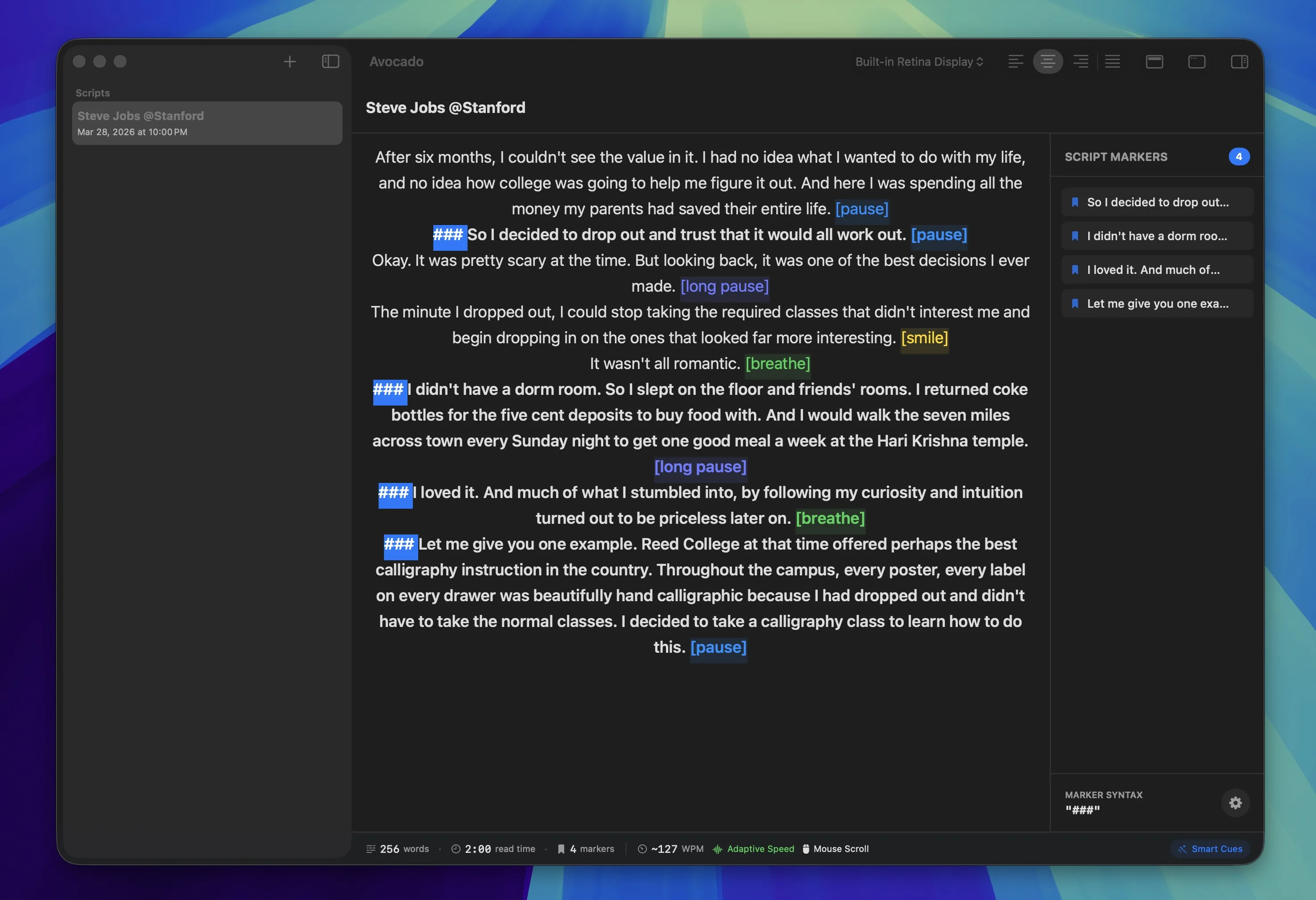 Using Script Markers inside the Avocado Script Editor