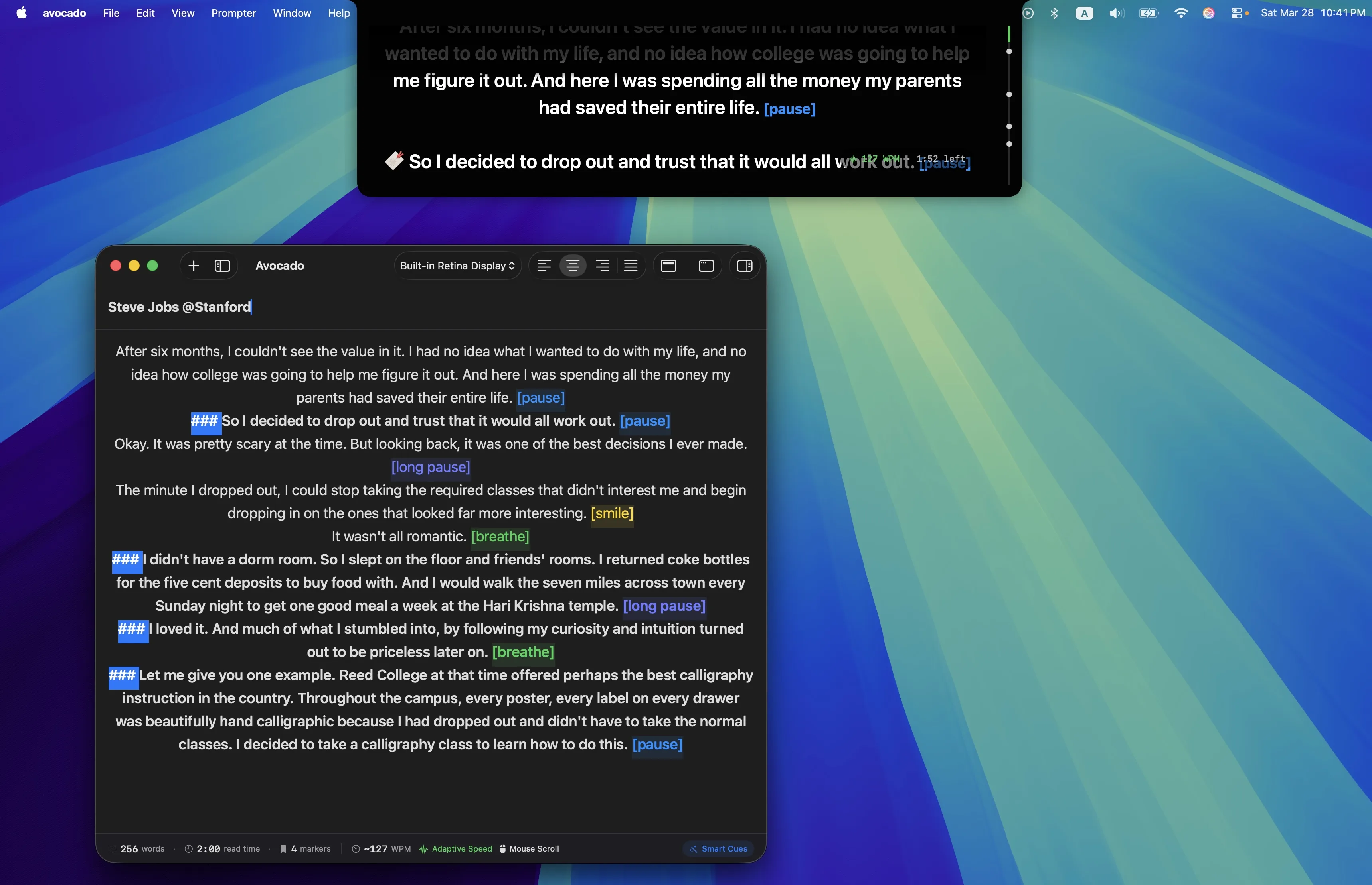 Smart Cues rendered beautifully in both the editor and the notch prompter