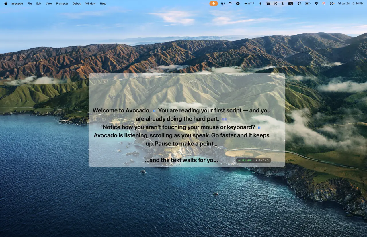 A software teleprompter on a Mac desktop — a translucent panel of large scrolling script text floating over the wallpaper, with a live words-per-minute and time-remaining readout in the corner