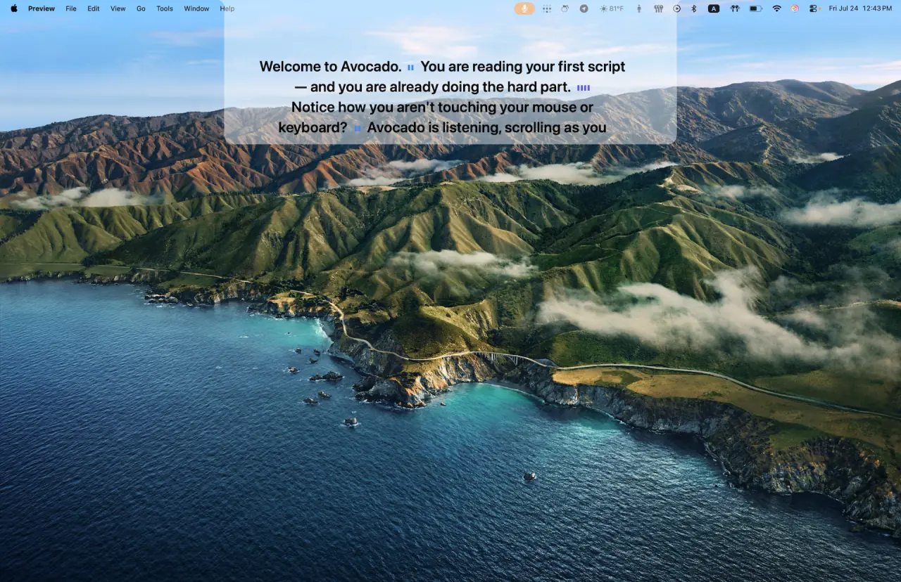 A teleprompter script docked into the MacBook notch at the top center of the screen, placing the scrolling text immediately above the camera lens