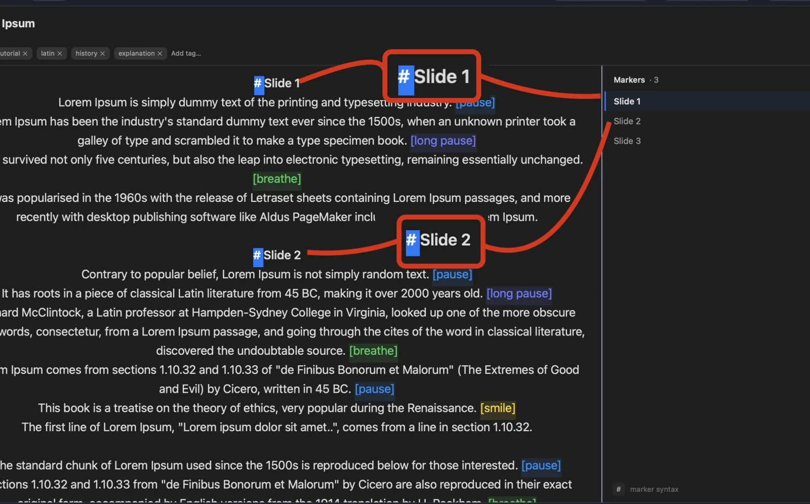 Avocado editor showing the script-marker sidebar as a live table of contents